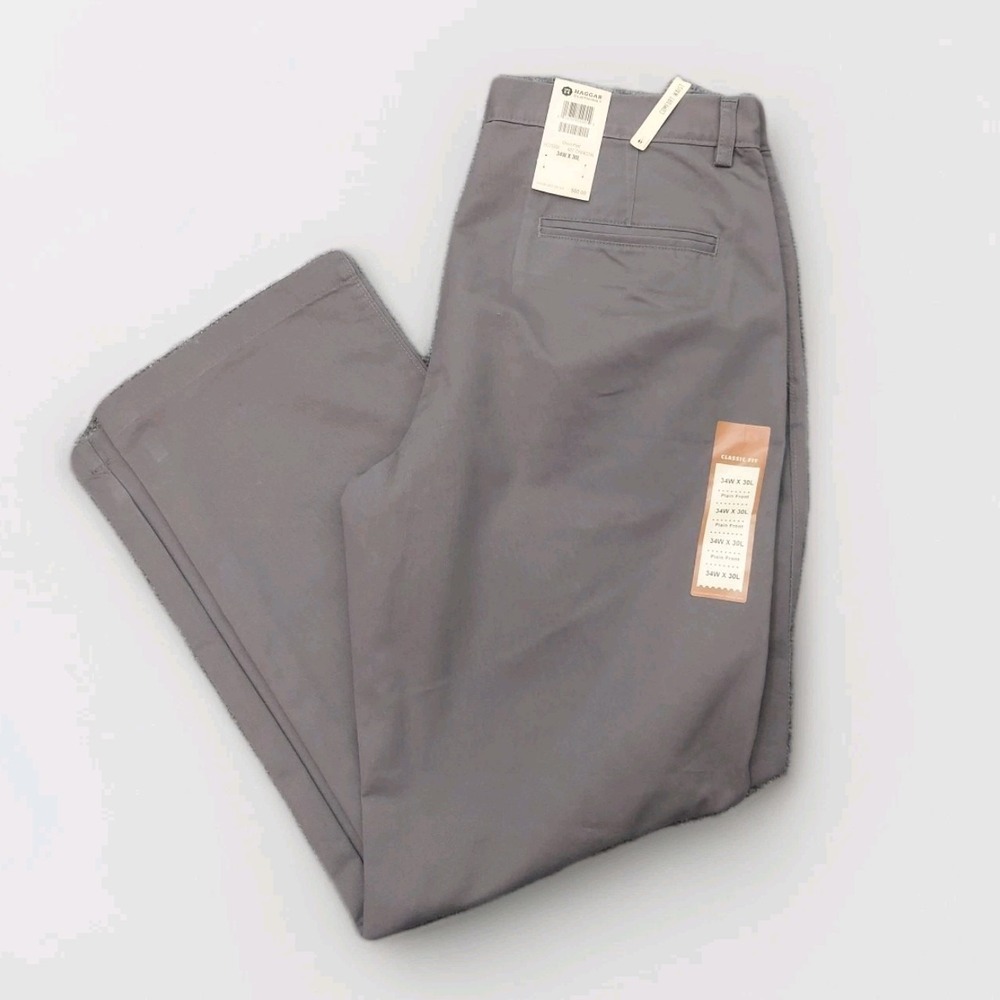 Haggar Pants Mens 34x30 Gray Charcoal Chino Comfort Waist Flat Front